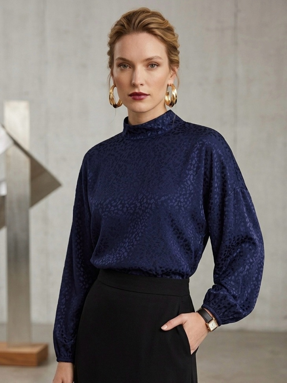 Roseanna Navy Mock-Neck Satin Jacquard Blouse